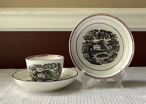Tappa da tè e piattini antichi Crown Staffordshire 3 pezzi scena porcellana grigia - Foto 1 di 12