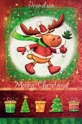 Cute CHRISTMAS Card FOR GRANDSON, Festive Moose by Bella Greetings + Envelope - Image 1 of 4