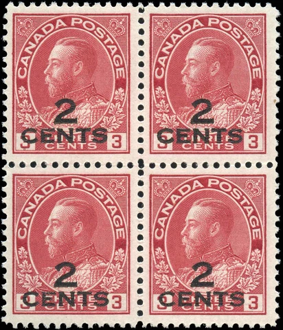 Canada Mint NH VF BLOCK Scott #140 Provisional 2c on 3c 1926 KGV Admiral Stamps Cover