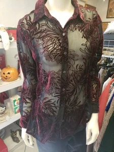 Chico's Womens Blouse Size 1 Black And Burgundy Sheer Button Up Long Sleeve Top - Picture 1 of 12