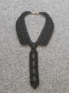 Beautiful Hand Beaded Collar Bib Necklace Tie Black Beads Statement - Picture 1 of 5