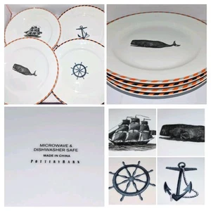 Pottery Barn Nantucket Nautical Plate Set 4 Plates 9" Anchor Whale Ship Wheel A+ - Picture 1 of 16