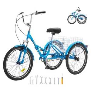 VEVOR Folding Adult Tricycle 24" Adult 3-Wheel Folding Trikes Carbon Steel Blue - Picture 1 of 12