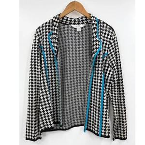 Ming Wang Houndstooth Knit Cardigan Jacket Teal Trim Women's Large - Picture 1 of 7