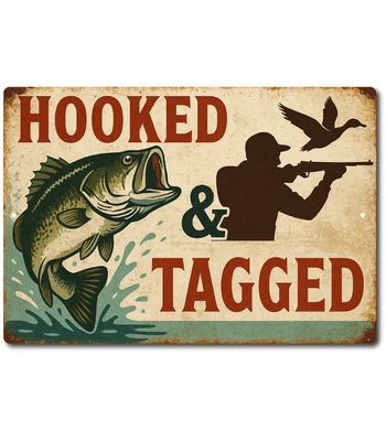 Letrero de hojalata enganchado y etiquetado 12x8 caza pesca hombre rústico cueva albergue decoración de pared Foto 1 de 4