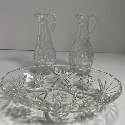 Set Of Vintage Anchor Hocking Crystal Glass Oil & Vinegar Cruets & Serving Dish - Image 1 of 4