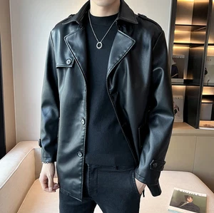 Men's Faux Leather Trench Coat Business Jacket Casual Mid Length PU windbreaker - Picture 1 of 26