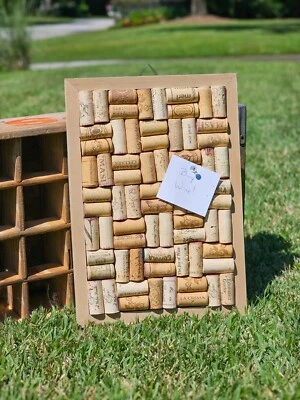 Framed Wine Cork Board Pinboard - Pushpin Wine Corkboard - Basket Weave Upcycled - Image 1 of 4