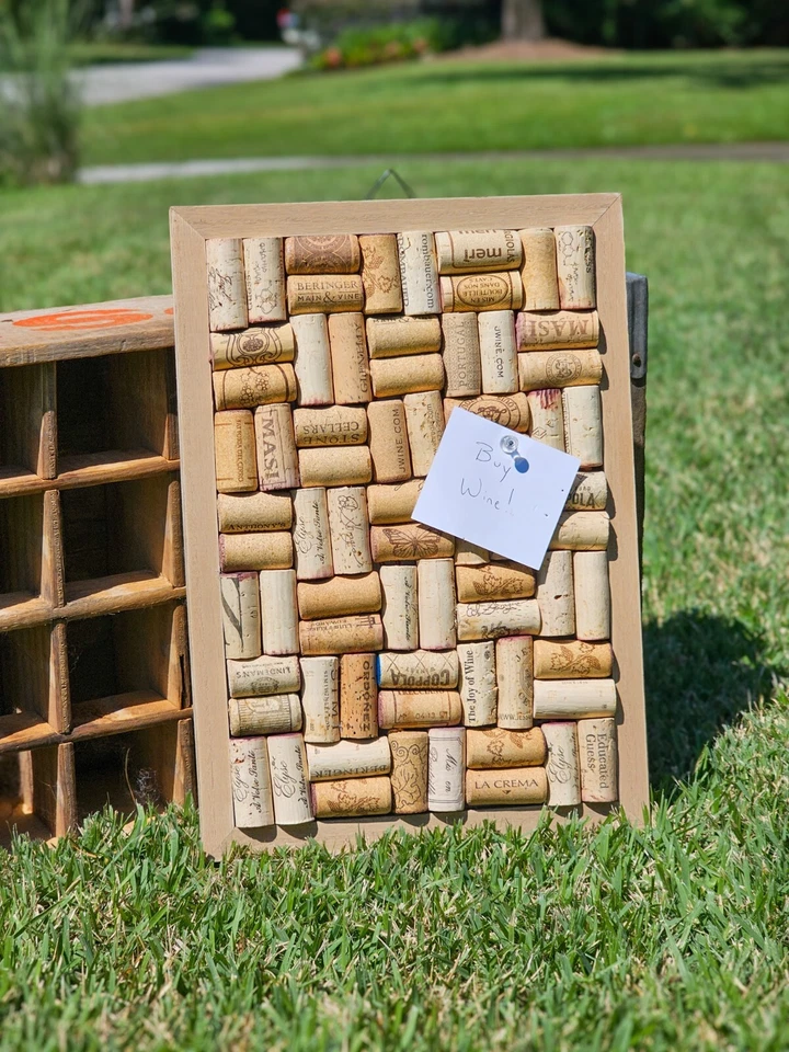 Framed Wine Cork Board Pinboard - Pushpin Wine Corkboard - Basket Weave Upcycled - Image 1 of 4