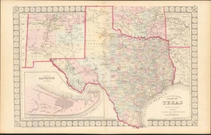 1874 Texas & Galveston Mitchell antique map ~23.9" x 15.2" rare Ziegler McCurdy - Picture 1 of 5