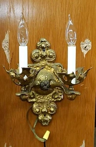 Antique Pair Hammered Brass Wall Sconce Lights Arts & Crafts Heavy Cast  - Picture 1 of 17