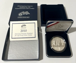 2010 W Proof $1 American Veterans Disabled for Life Silver Dollar W/ COA & BOX - Picture 1 of 11
