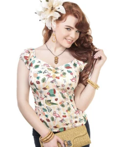 Collectif Dolores Doll Atomic Flamingo Pin Up 50s Top Size XS Very Stretchy - Picture 1 of 5