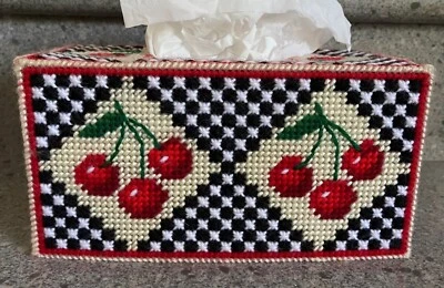 Handmade Plastic Canvas Checks and Cherries Tissue Box Cover - Image 1 of 4