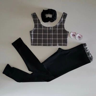 (#96) Age 7/9 Highland Dance Cropped Top/Leggings Silvery Grey Tartan/Black - Image 1 of 2