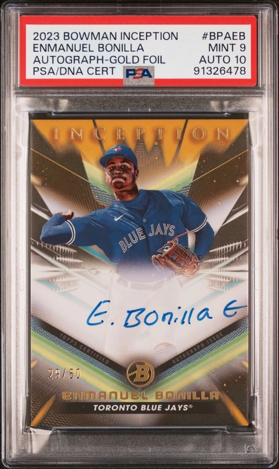 Enmanuel Bonilla 2023 Bowman Inception GOLD AUTO /50 PSA 9/auto 10 Pop 1 - Image 1 of 3