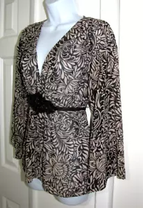Nicole by N.Miller top beige/black-floral 3/4 sleeve Embellished waist-ties Wm 8 - Picture 1 of 11