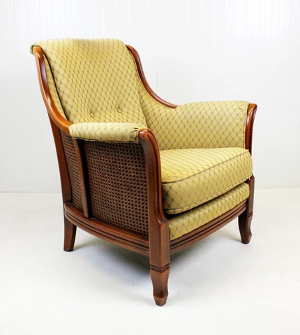 Vintage Louis XV style Bergere armchair in Vienna straw and fabric Cover