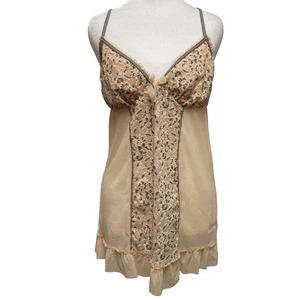 DKNY Lace Babydoll Lingerie L Sheer Short Mesh Nightie Floral Embroidery Coquett - Picture 1 of 10