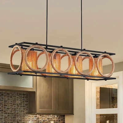 Lámpara de araña rústica de ratán para granja, luz colgante negra para comedor, ajustable... Foto 1 de 4