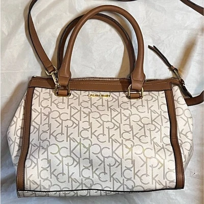 Calvin Klein Mercy Satchel in Off White Tan Gold Tone Hardware, Crossbody Strap - Image 1 of 4