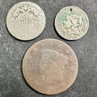 Type Coin Cull Lot - 1865 3 Cent Nickel, Shield Nickel, Coronet Head Large Cent - Image 1 of 2