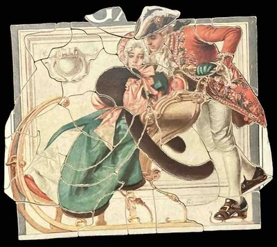 Antique J C Leyendecker Wooden Christmas Puzzle 1900 ~ 1930 Romantic Sleigh RIde - Image 1 of 4