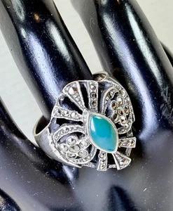 Anello marcasite crisoprasio verde argento sterling vintage misura 9,7,58 g - Foto 1 di 11