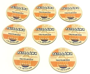 Lot of 8 Vtg FAIR LAWN DAIRY FARM Adrian, MI Smith Coffee Cream MILK BOTTLE CAPS - Picture 1 of 6