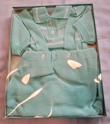 Vintage Kitten Kudlers Novelty Knit Newborn Baby Blue Green Sleeper Outfit Japan - Image 1 of 4