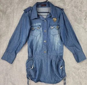 V Chanel Dress Womens Medium Blue Chambray Cinched Button Up 90s Y2K Mini - Picture 1 of 9