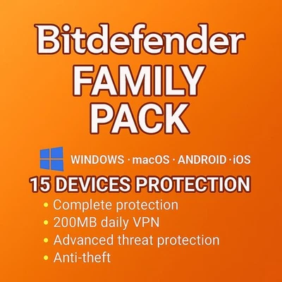 Bitdefender Family Pack | 15 Devices | 1-3 Years | Windows Mac Android - Image 1 of 3