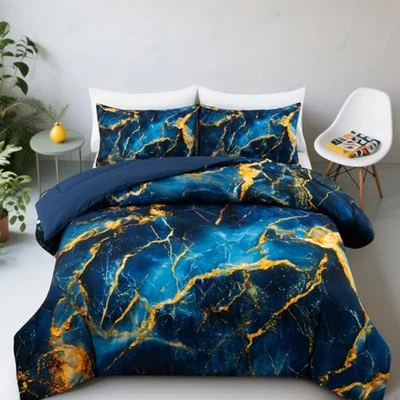  Gold Marble Bedding Comforter Set Size Marbled Bed Sets (Gold) King Dark Blue - Image 1 of 4
