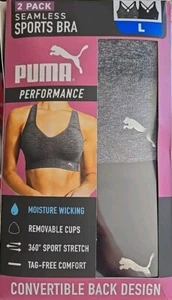2 PUMA Seamless Sports Bra Womens Sz Large Black Gray Convertible Wicking - Picture 1 of 2
