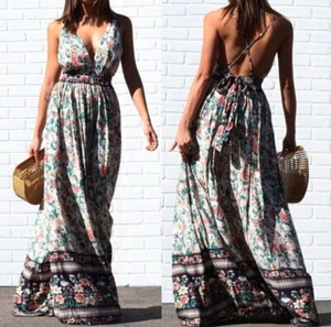 Bohemian Chic Gypsy Floral Border Print Open Back Maxi Dress Sundress L - Picture 1 of 6