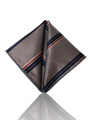 New 9" X 9" Classic Themed Pocket Square, Quicksilver/Blue/Red Striped. - Image 1 of 4