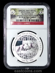 Medalla de Plata NGC PF70 2014 China Panda Smithsonian Institute 1 oz - Imagen 1 de 4