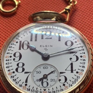 50er Jahre Elgin 575 15 Jewel 10K Rolled Gold Plate Taschenuhr mit Seilkette - Bild 1 von 10