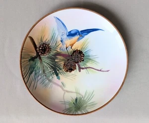 Vintage Nippon Hand Painted Blue Bird and Pine Cone Branche Plate 7.5" - Picture 1 of 3