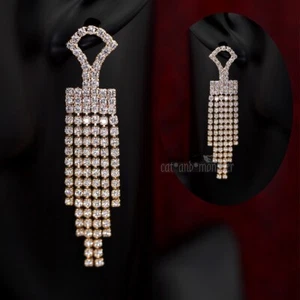 Womens Blingbling Simulated Diamond Tassel Long Dangle Bridal Statement EARRINGS - Picture 1 of 7