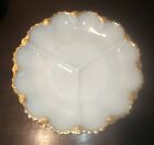 Vintage Fire King Anchor Hocking Milk / Opal White Glass Divided Dish Gold Trim