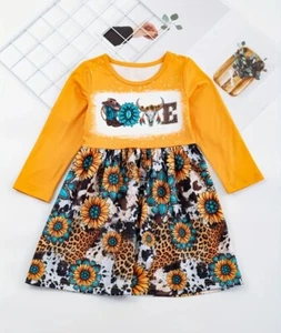 Girls 3-4T Sunflower Yak Print Long Sleeve Dress – Cute Fall Casual Outfit - Picture 1 of 5