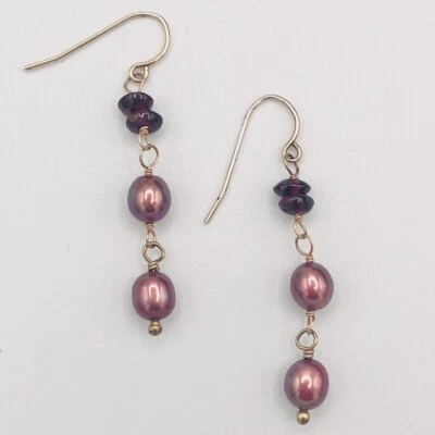 Leach Garner Earrings Gold Over Sterling Silver Garnet Wine Pearl Dangle Drop - Image 1 of 4