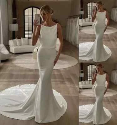 Mermaid Wedding Dresses Elegant Simple White Ivory Satin Straps Bridal Gowns - Image 1 of 4