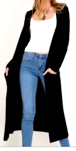 Long Sleeve Open Front Knit Black Long Sweater Cardigan Coverup With Pockets - Picture 1 of 2