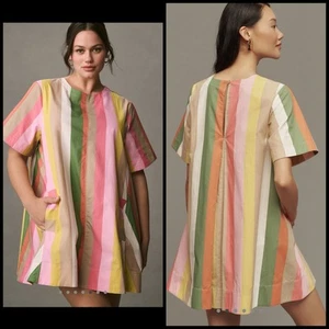 Anthropologie Maeve Emmy Mini Swing Dress Rainbow Stripe Size LARGE NWT - Picture 1 of 9