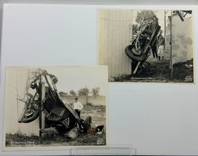2 Vintage Original 1935 STUBBY STUBBLEFIELD INDY 500 Race Car WRECK Killed PHOTO - Image 1 of 4