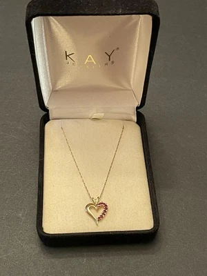 14k Yellow Gold Open HEART Pendant Necklace Garnets Kay Jewelers orig box - Image 1 of 4