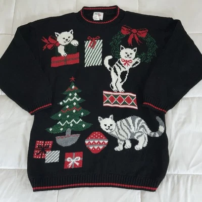 Vintage Nutcracker Ugly Cat Christmas Sweater Womens S Black - Image 1 of 4