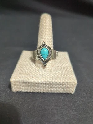 Anillo Expandible Minimalista Forma de Lágrima Azul Turquesa Conjunto en Tono Plata Foto 1 de 4